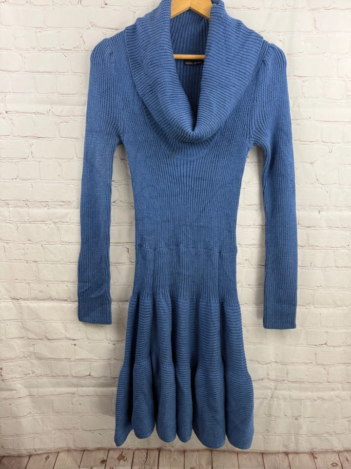 Vestido Suéter Moda International Para Mujer Talla Pequeña Azul Capucha Cuello Grueso Y2K Foto 3 de 4