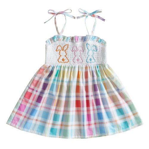 Easter Dresses for Toddler Girls Cute Sleeveless Bunny Embroidery Plaid Summe...