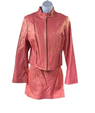 Vintage Cache Coral Pink Leather Mini Skirt Jacket Set 2 Piece Y2K Size 12