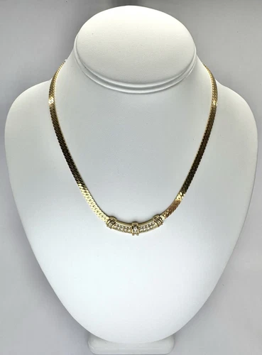 CHRISTIAN DIOR Collar Rhinestone Herringbone Chain Vintage Necklace Jewelry N127