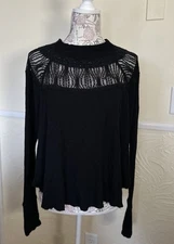 Free People Black Long Sleeve Spring Valley Waffle Knit Boho Top Size XS