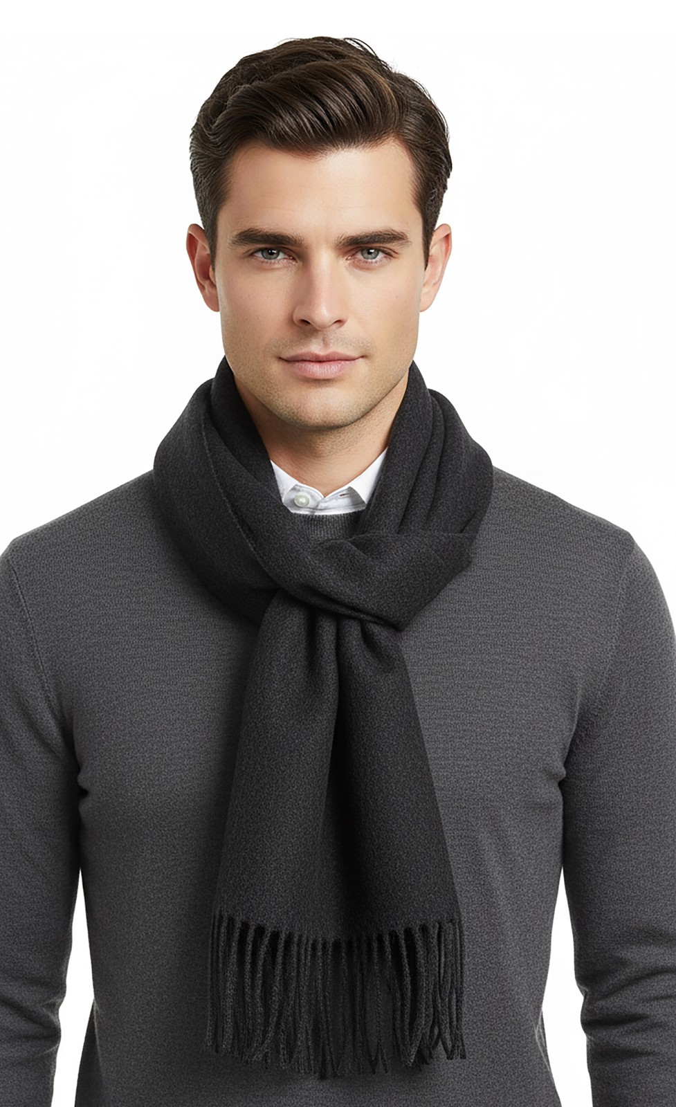 Роскошный шарф из кашемировой смеси с бахромой на концах - Темно-серый 32190₽