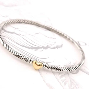 David Yurman 3mm Classis Cable Sterling Silver 18k Gold Heart Station Bracelet