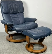 Ekornes Stressless Large Admiral Oxford Blue Leather Swivel Recliner & Ottoman