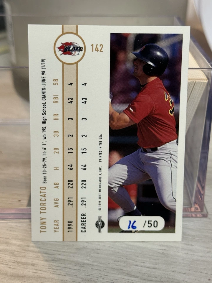 RARE! 1999 Just Minors Tony Torcato Black Border #142 Bakersfield Blaze #d 16/50 - Image 2 of 2