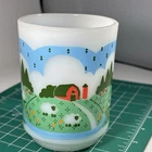 Vintage 1982 Anchor Hocking 301 Milk Glass Mugs Meadow Farm Sheep Barn