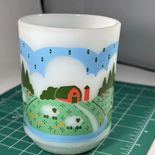 Vintage 1982 Anchor Hocking 301 Milk Glass Mugs Meadow Farm Sheep Barn