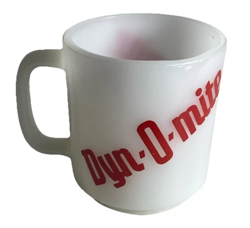 VINTAGE White GLASBAKE MUG DYN-O-MITE in Red