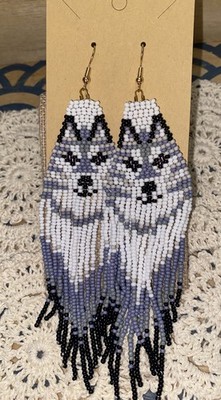 Wolf Husky Seed Bead Earrings Gray White Black Beaded Fringe Dangle Boho