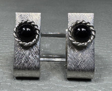 Vintage Black Onyx Bead White Gold Plated Wrap Around Cuff Links