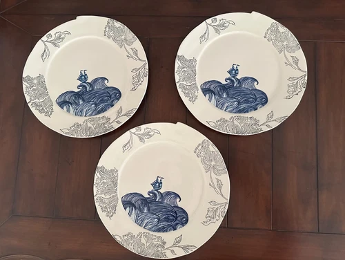 3pc  ANTHROPOLOGIE Dinner PLATES BY LINDA FAHEY WAVES SAILBOAT STONEWARE