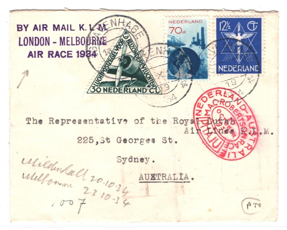 NETHERLANDS/AUSTRALIA *AIR RACE* Cachet 1934 KLM LONDON-MELBOURNE Air Mail MA301 - Image 3 of 4