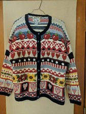 Heirloom Collectibles 2001 VTG Cherries Hearts, Flowers Cardigan Sweater Size XL