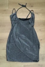 WOMENS BLACK SILVER STRAPPY SASH BODYCON DRESS PRETTYLITTLETHING SIZE 8  