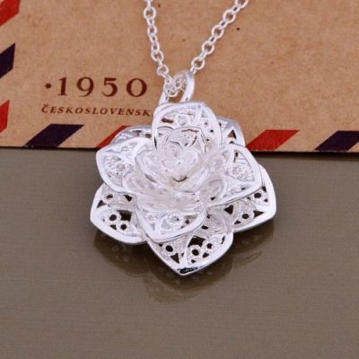 925 Silber Rose Blüme 3D Damen Kette mit Anhänger Collier Schmuck Geschenk Edel