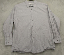 Calvin Klein Button Up Shirt Men's Large Gray with White Stripe Pattern Cotton
