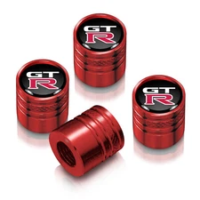 for Nissan GT-R in Black on Red Aluminum Cylinder-Style Tire Valve Stem Caps
