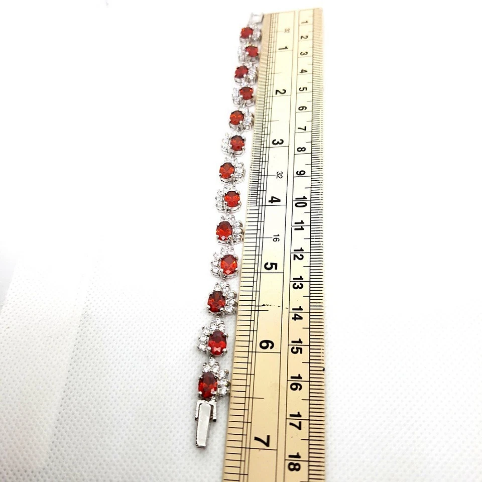 Pulsera Granate Rojo Simulado Oro Blanco 18K Relleno GP Línea Tenis De Colección Look 7" Foto 4 de 4