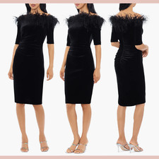 NEW $258 Xscape [ 8 ] Feather Trim Off the Shoulder Sheath Dress in Black S1472