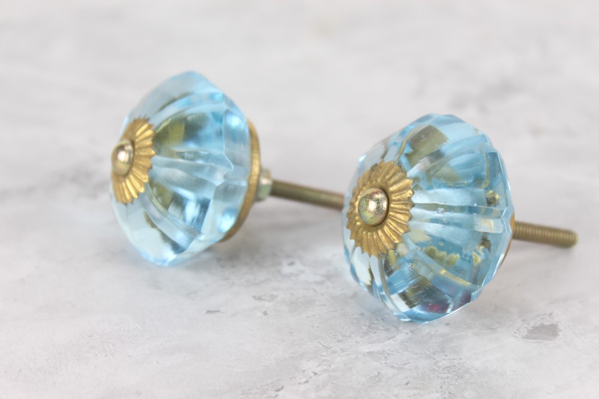 Elegant Light Blue Glass Flower Cabinet Knobs Set - Brass Hardware, Pair 2 Pcs Elegant Light Blue Glass Flower Cabinet Knobs Set - Brass Hardware, Pair 2 Pcs