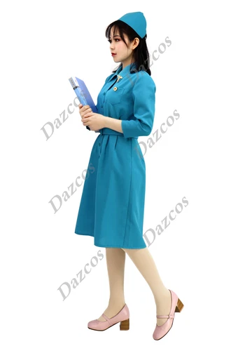 DAZCOS Cosplay Costume Blue Nurse Dress with Belt and Hat