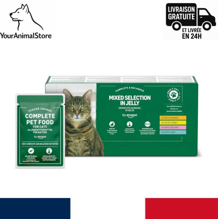 Nourriture chat adulte sans céréales humide, multipack de sachets repas en gelée 48x100g