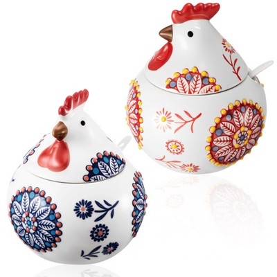 LemonRoad 2 Pcs Ceramic Salt Cellar with Lid and Spoon, 13oz Large Chicken Roost