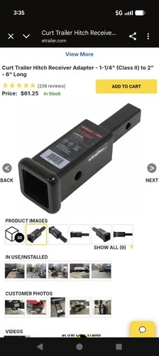 Curt 45785  Hitch Receiver Tube Adapter from 1-1/4 Inch Receiver to 2 Inch