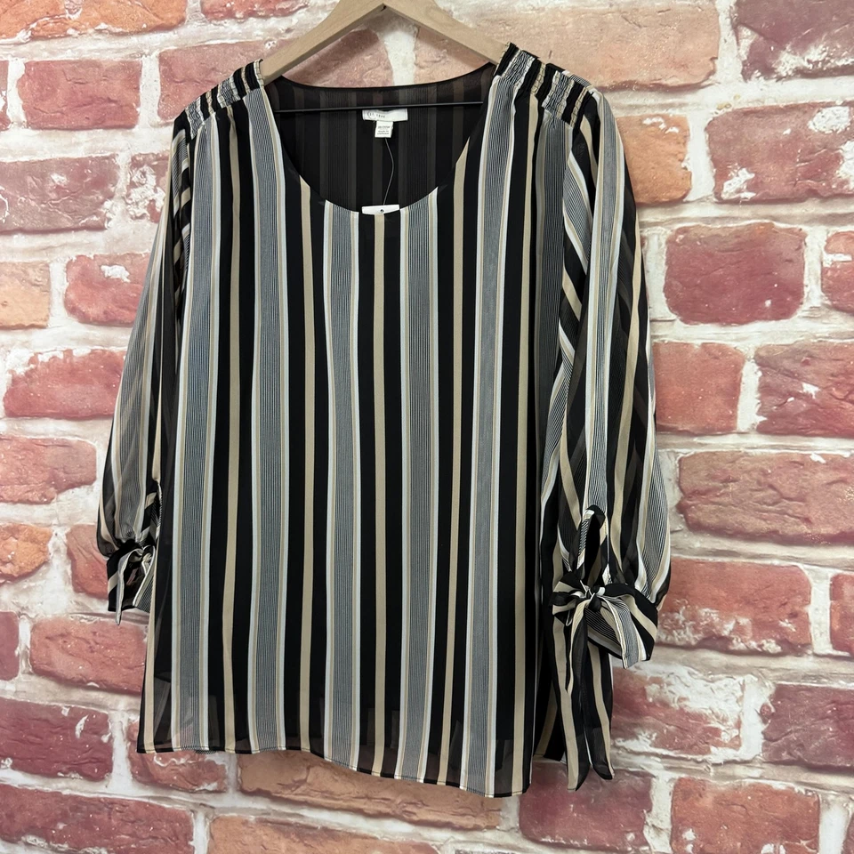 Camisa Top Cato EST 1946 Mujer 18/20W Negra Multicolor Rayas Mangas Corbata Foto 3 de 4