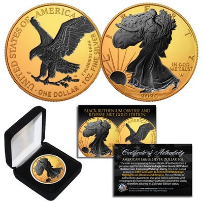 2026 1 oz Silver $1 BLACK EAGLE Ruthenium EDITION 24KT Gold Gilded
