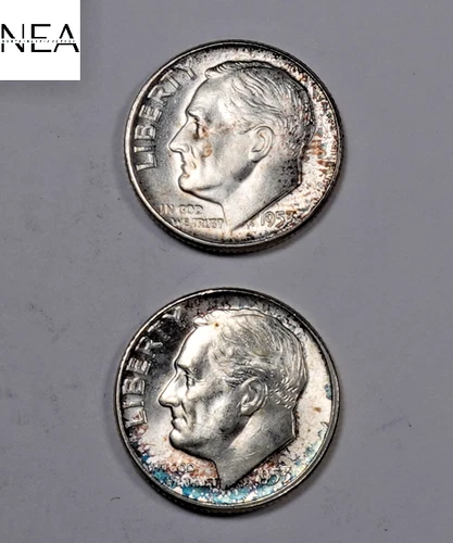 (2) 1953 Roosevelt Dime Set/Lot ~ Gem BU Full Torch FT Rainbow Toned ~ (ZDL19)