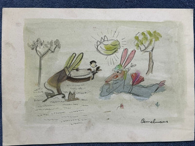 Ludwig Bemelmans drawing and painting on old paper signed stamped vintage