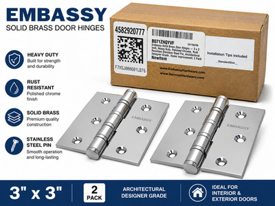Embassy Solid Brass Door Hinges 3'' x 3'' Polished Chrome Heavy Duty Stainless Ste