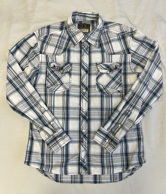 BKE /Buckle Men s Blue White Brown Plaid Pearl Snap Long Sleeve Size M Western