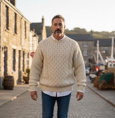 Celtic Woollens Men's M Vintage Cream Cable Knit Chunky Fisherman Sweater - Image 1