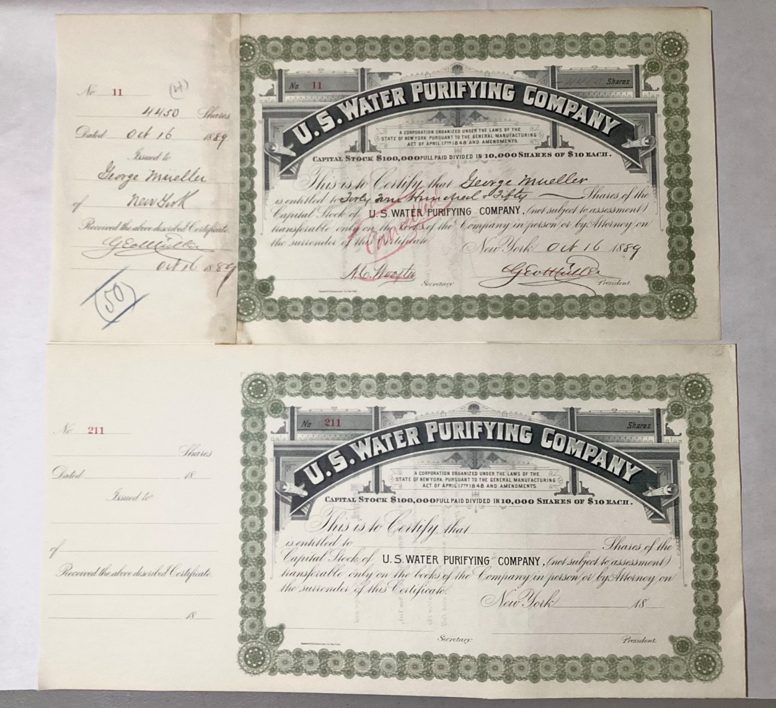 1889 NEW YORK U.S. Water Purifying Company Stock Certificates, Lot of 2!