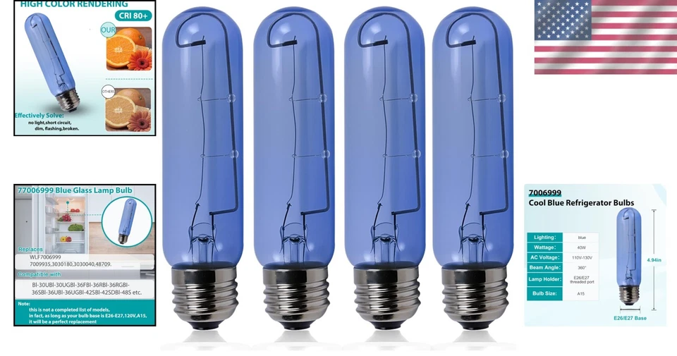 Upgrade Your Refrigerator with Elegant Blue Glass Light Bulbs - 4 Pack, 40W - Image 2 of 4