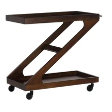 Linon Mare Z Shaped Rolling Bar Cart Glass Top Shelf in Rich Brown Stained Wood