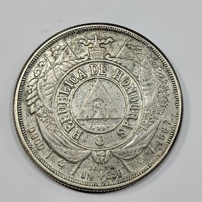 1887 HONDURAS Silver Un Peso Circulated Better Grade World Crown Coin *V170
