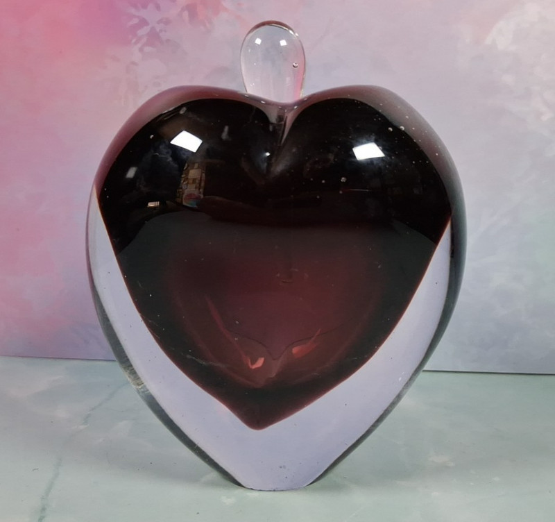Vintage Purple Heart Shaped Mid-Century Art Glass Perfume Bottle and Stopper