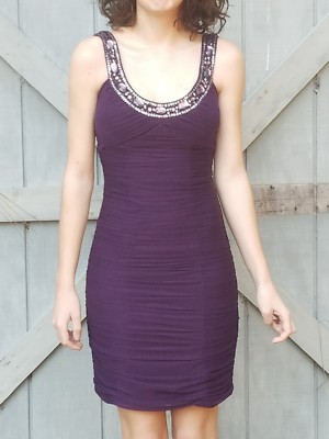 CACHE Purple Stretch Silky Satin Bodycon Ruched Scoop-Neck Tank Dress Size 2