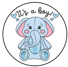 It's a Boy Elephant Round Sticker Label waterproof. envelope seals labels