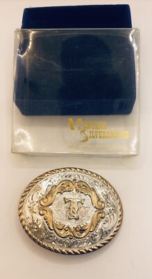 Rare Vintage Boxed Montana Silversmiths Belt Buckle Silver Engraved Gold Trim T