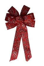 Red Bandanna Cowboy Linen Wreath Bow, Wired, Several Sizes