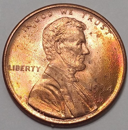 Centavo Lincoln 1994-D Mint State ~ RB ~ Tonificado ~ Puesta de sol/Magenta - Imagen 3 de 4