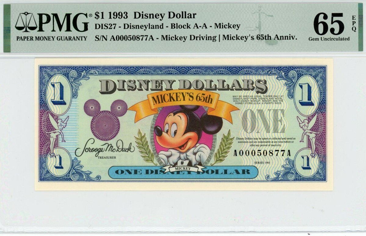 Disney Dollars 1993年 65周年デザイン 1$×5枚 1993 A Series $1 Disney Dollar Mickey Mouse 65th Birthday