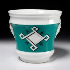 French Old Paris Porcelain Chinois Face Handle Teal Green Jardiniere Planter Pot