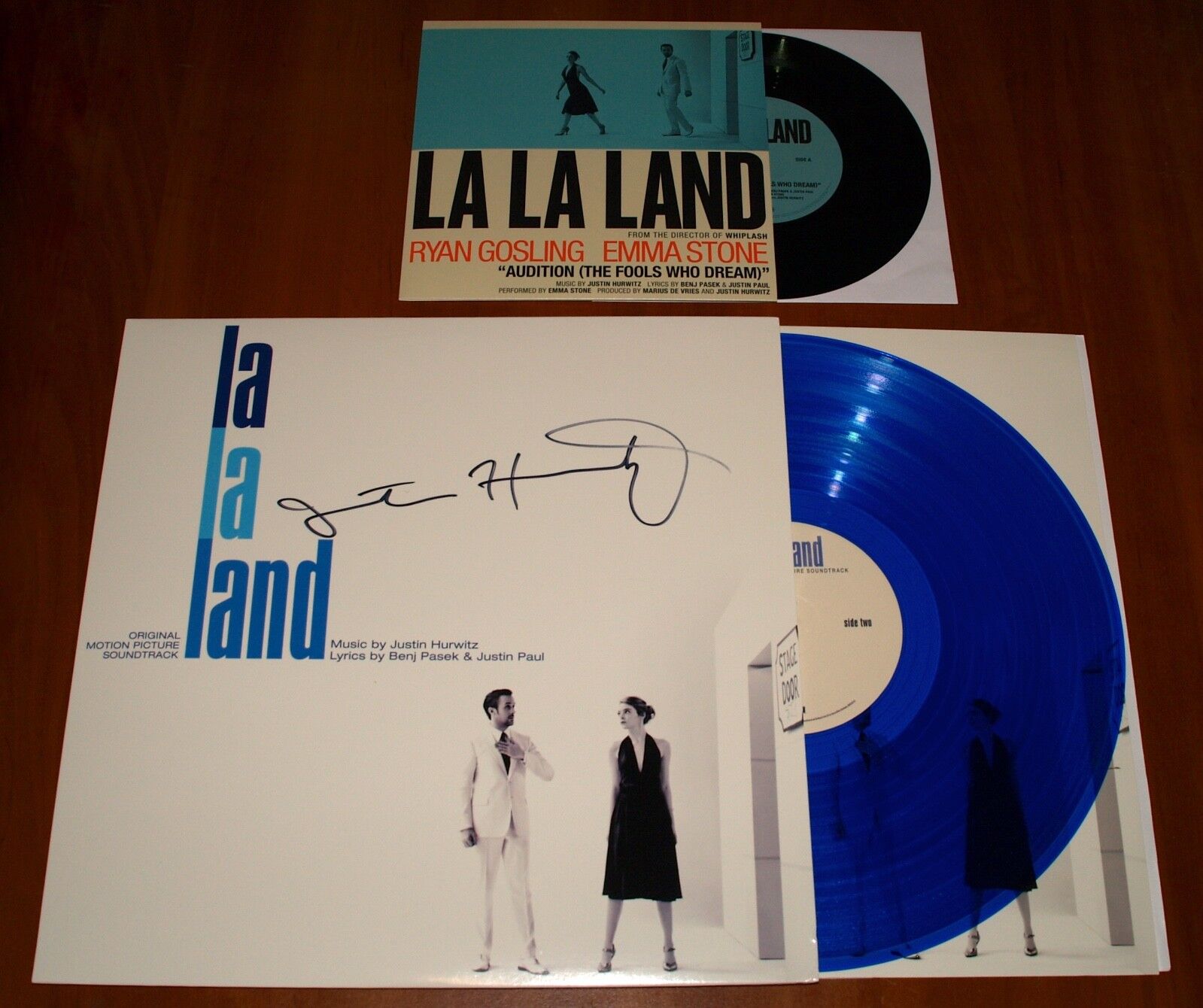 LA LA LAND OST JUSTIN HURWITZ *RARE* SIGNED LP BLUE VINYL & 7