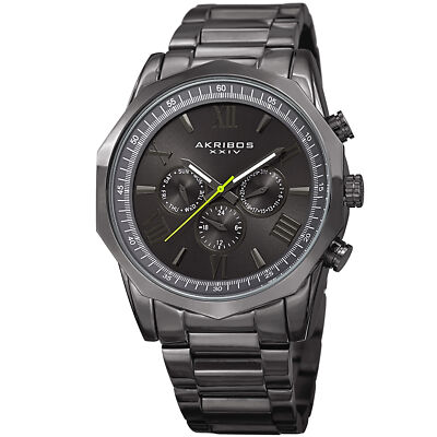 Men's Akribos XXIV AK940GN Two Time Zone Black Dodecagonal Steel Bracelet Watch