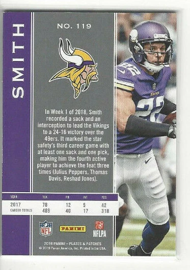 Harrison Smith 2018 Plates & Patches Purple #d 25/30 #119 Minnesota Vikings - Image 2 of 2